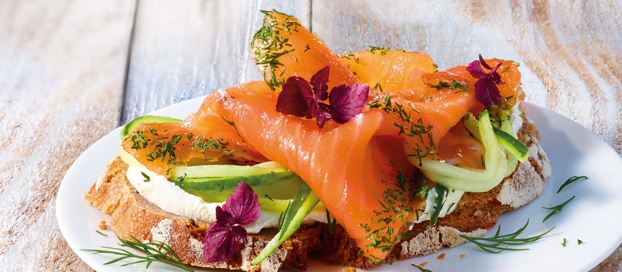 Butterbrot nordic-deluxe: Gravad Lachs, Gurken-Spaghetti und Meerrettich-Frischkäse